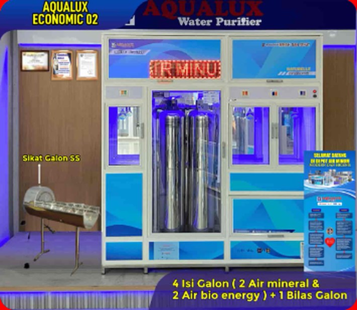 Mesin depot air minum AQUALUX Economic 02 — 4 isi galon (2 mineral, 2 bio energy) + 1 bilas galon