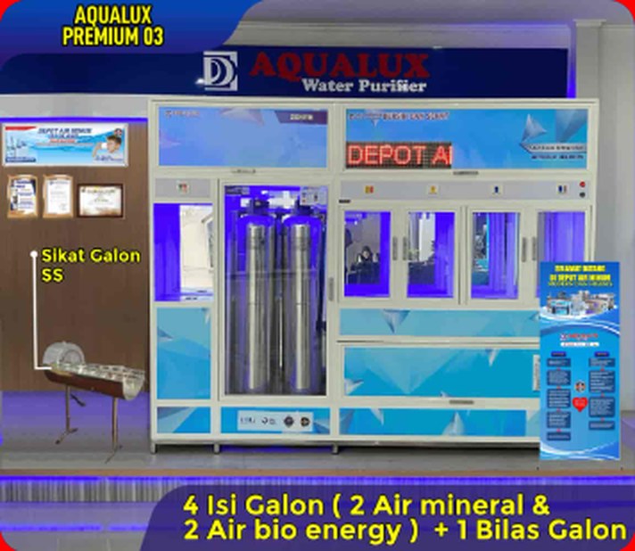 Mesin depot air minum AQUALUX Premium 03 — 4 isi galon (2 mineral, 2 bio energy) + 1 bilas galon